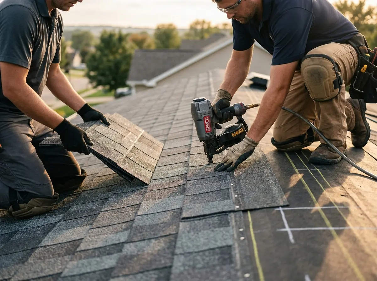 Professional roofer working on a residential roof in Bethesda